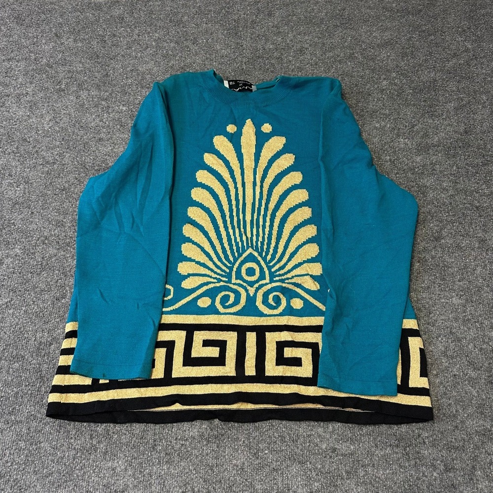 St. John Sweater Womens Size 16 Teal Gold Greek Key Metallic Knit USA Vintage